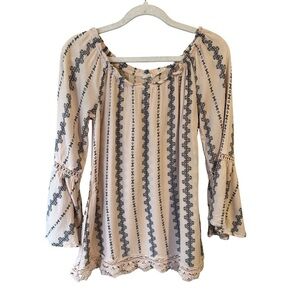 Blu Pepper Bohemian Cream and Blue Women's Top Size S Festival Peasant